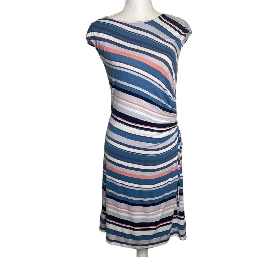 Ann Taylor Loft Dress Women Size Medium Striped Midi Sleeveless Ruched
Stret